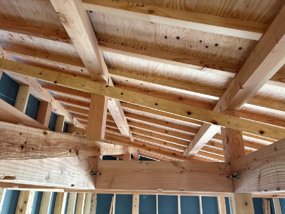 屋根構造の施工 垂木と梁の組み上げ状況