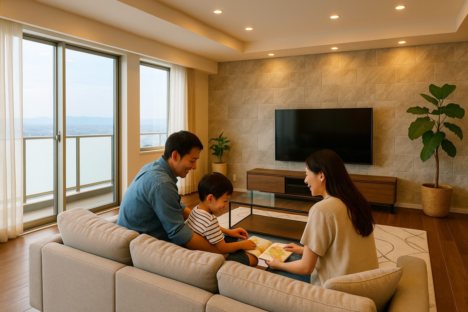 マンションリノベ後のリビングでくつろぐ親子3人の様子（壁をなくした開放的な空間）
