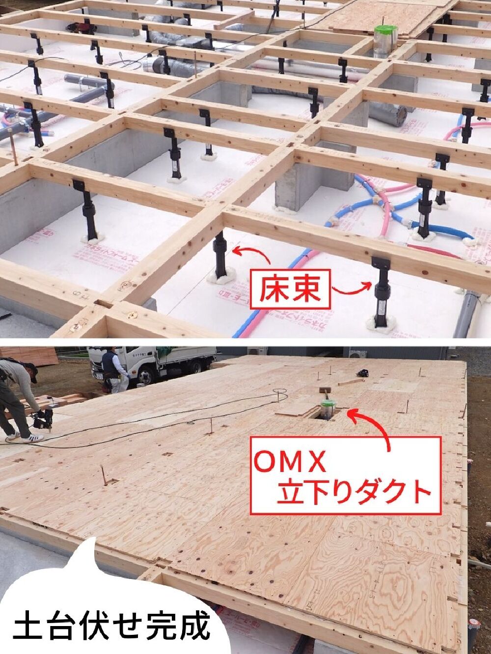 OMXの床下の断熱と土台伏せの様子