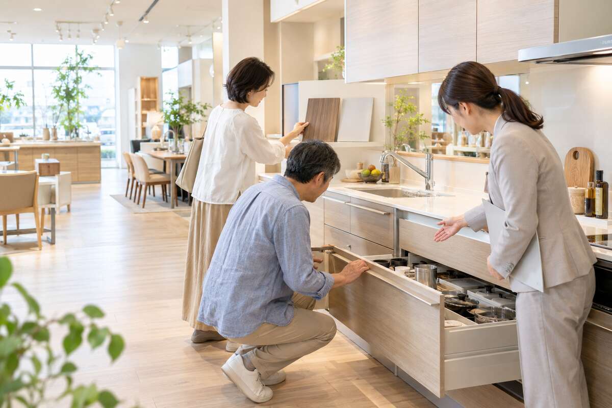 ショールームでキッチンの扉材と収納を確認する様子