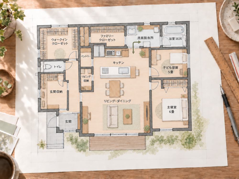 家事や移動をワンフロアで完結できるよう、キッチンと洗面脱衣所をつないだ平屋の間取りイメージ