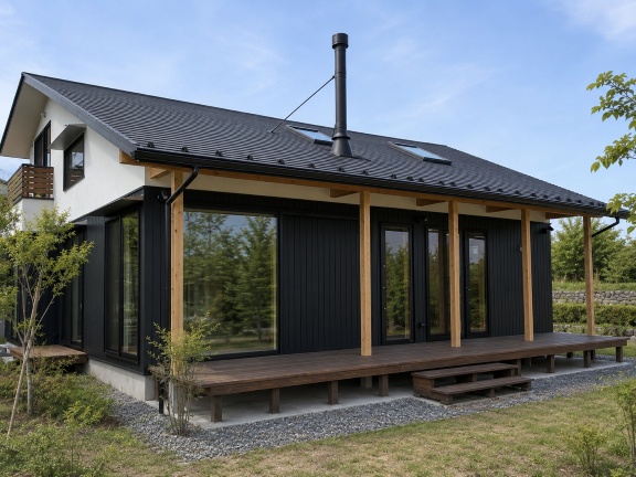 木の柱と深い軒が印象的な木造住宅の外観