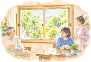 内窓のある部屋で日差しを感じながら過ごす家族のイメージイラスト