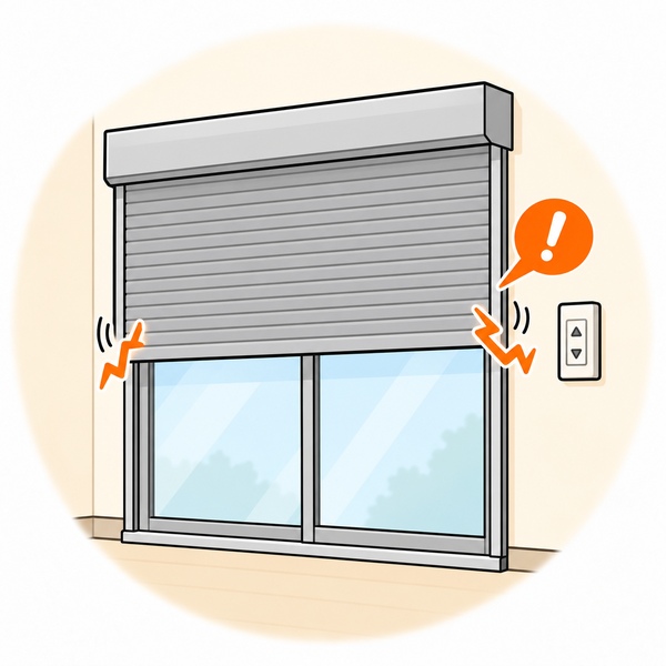 途中で止まった状態を、注意マークで示した電動シャッターのイラスト