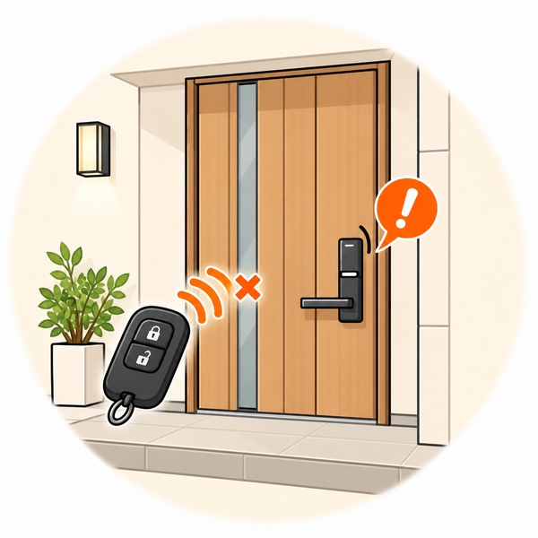 電気錠の反応不良を、リモコンと注意マークで示した玄関ドアのイラスト