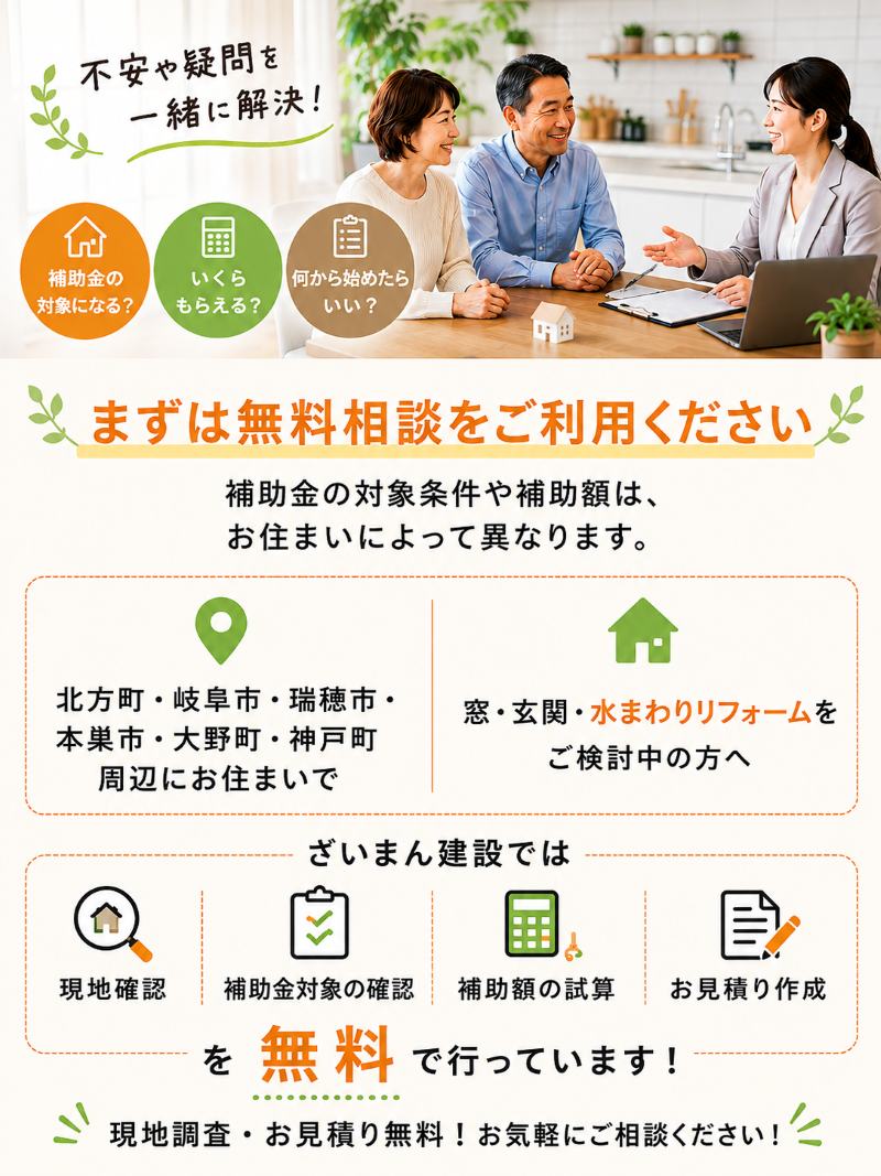 窓・玄関・水まわりリフォームの補助金について相談するご夫婦
